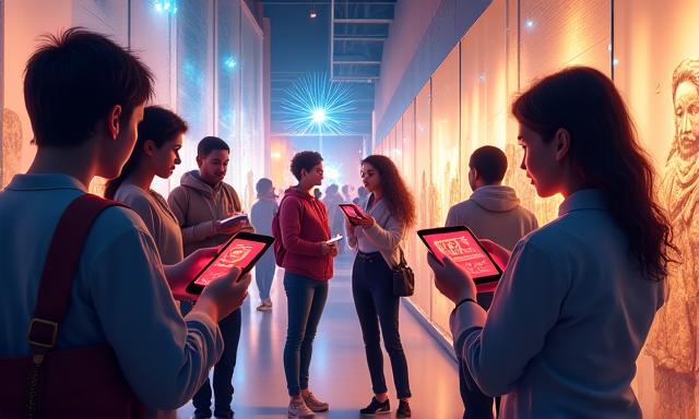 박물관에서 AR 디바이스를 이용해 전시물을 보는 사람들 이미지