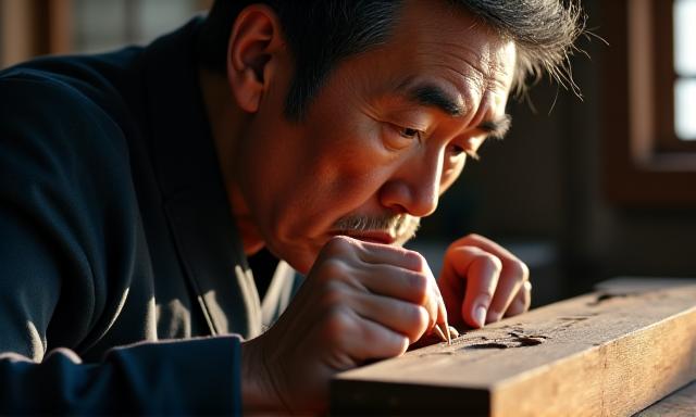 장인이 한옥 보존 작업을 하는 모습의 다큐멘터리 스틸컷