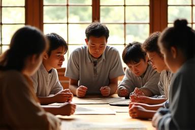 전통 한옥이나 서당에서 젊은 학생들이 모여 역사 기록물에 대해 배우는 모습